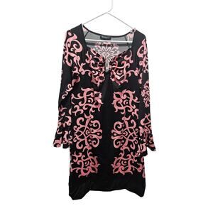 INC Pink Black Baroque Ruched Babydoll Dress Tunic Top Long Sleeve L 2000s